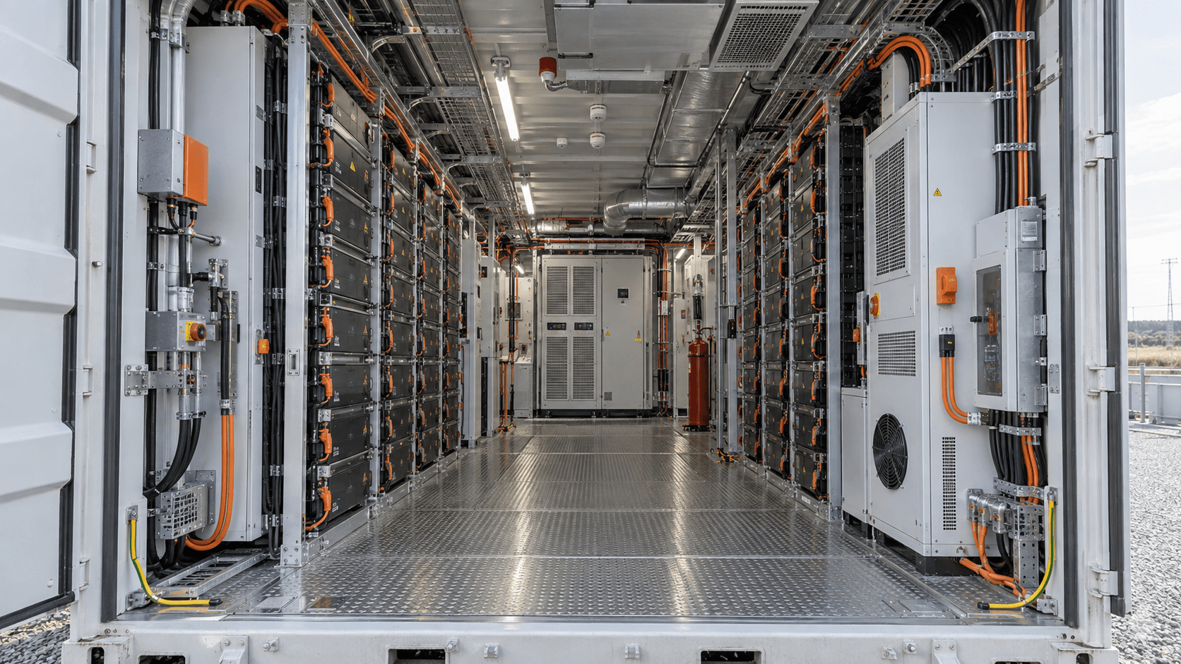 Detailed interior of a BESS container with neatly routed orange high-voltage cables