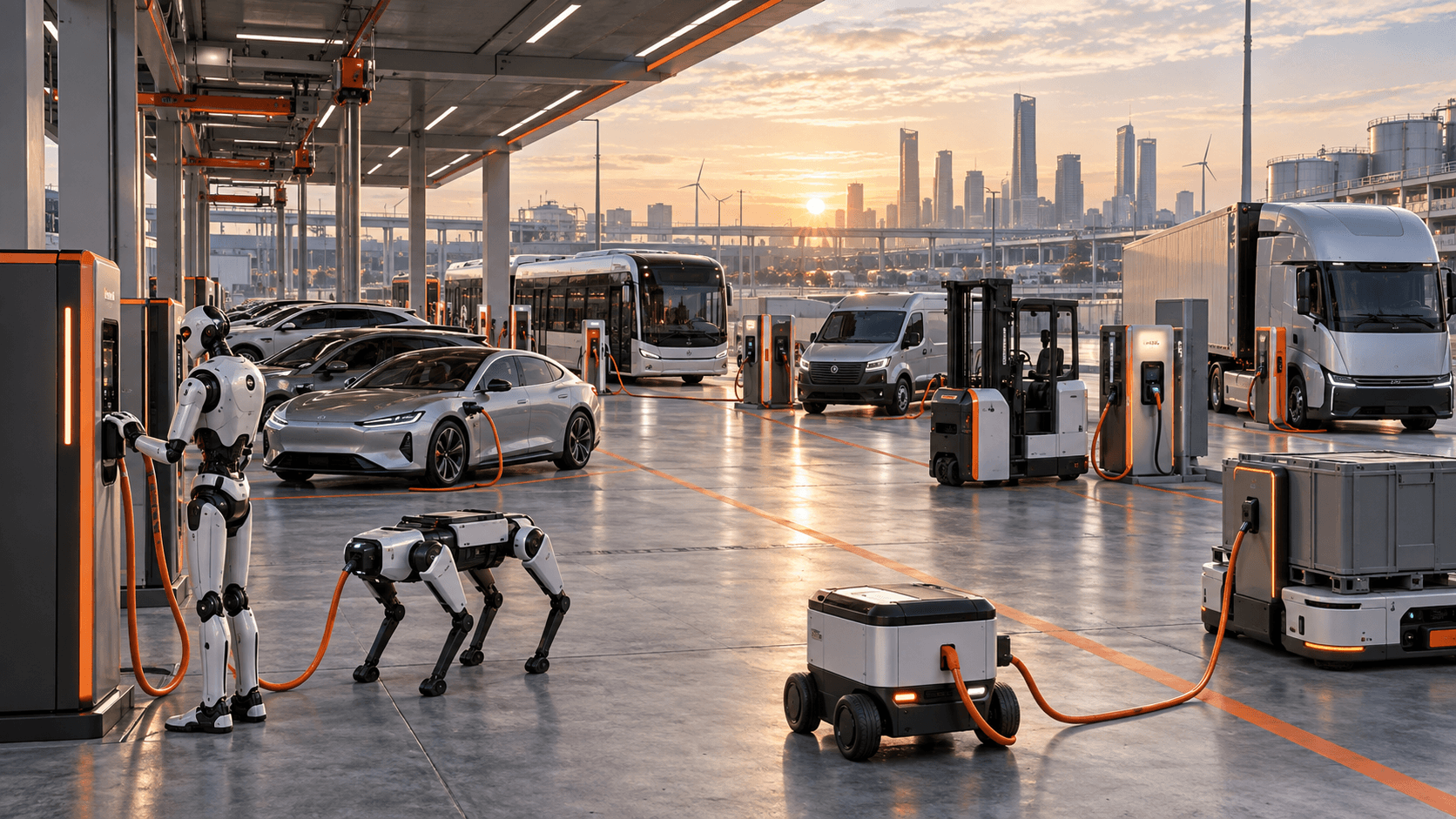 Robots and several types of electric vehicles charging at an integrated energy hub